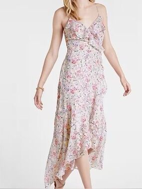 Express Floral Ruffle Feminine Faux Wrap Hi-Lo Maxi Dress Size LARGE‎